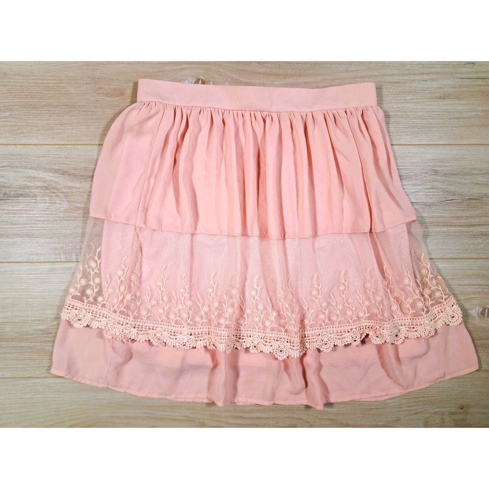 Jella Couture Pink Lace‎ Mesh Tiered Skirt Womens Size M  Made in USA